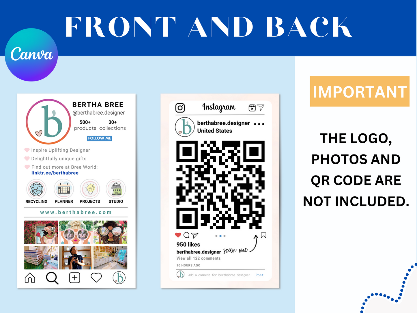 Instagram Business Card Template Editable in Canva - Creative Business Card Customizable